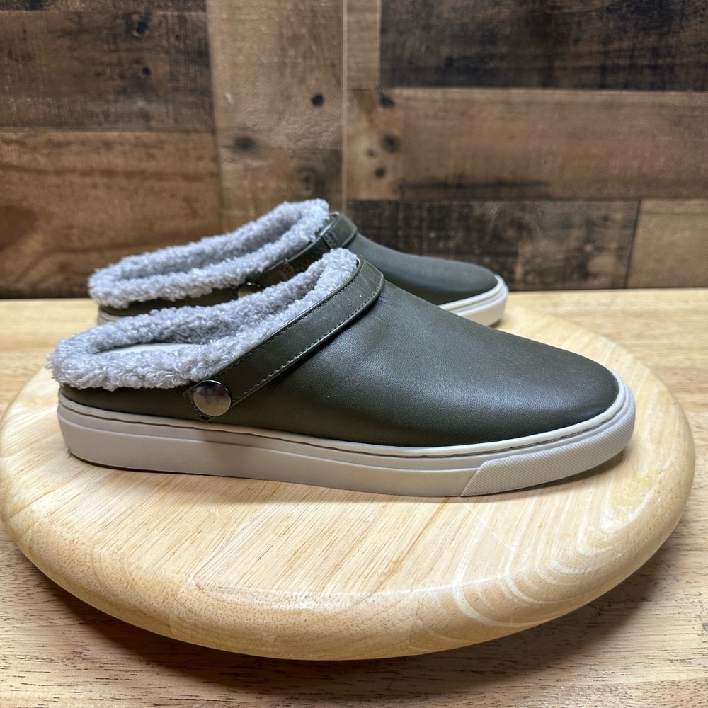 LOGO by Lori Goldstein Olive Green Mules with Faux Fur Lining